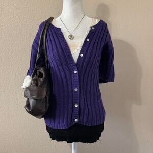 2000s purple cable knit short sleeve button up cardigan
